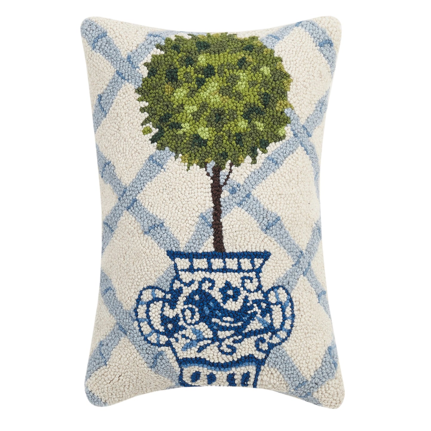 Ball Topiary in Chinoiserie Pot with Blue Trellis 12" x 18" Hooked Wool Throw Pillow with Polyfill Insert