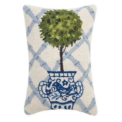 Ball Topiary in Chinoiserie Pot with Blue Trellis 12" x 18" Hooked Wool Throw Pillow with Polyfill Insert