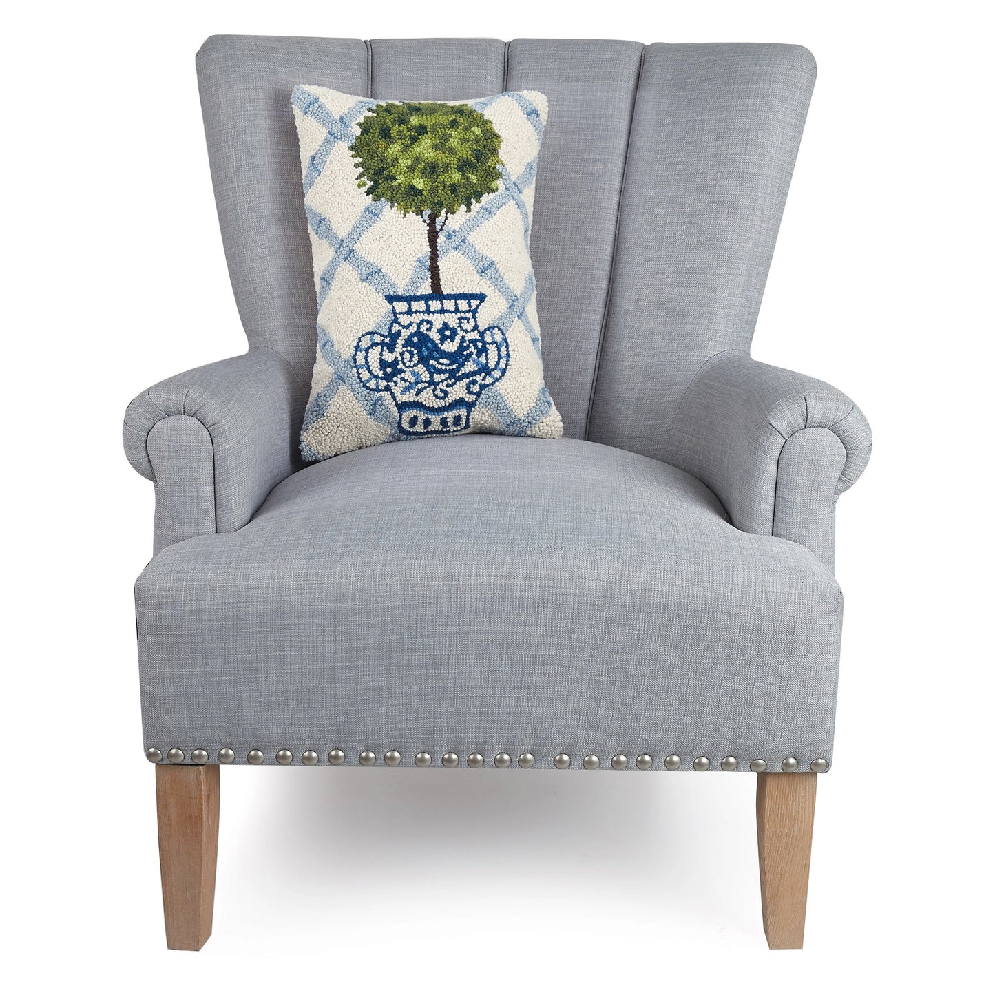 Ball Topiary in Chinoiserie Pot with Blue Trellis 12" x 18" Hooked Wool Throw Pillow with Polyfill Insert