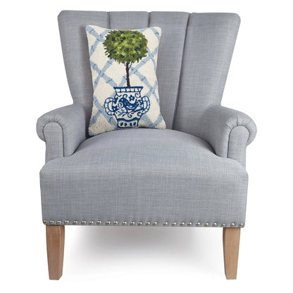 Ball Topiary in Chinoiserie Pot with Blue Trellis 12" x 18" Hooked Wool Throw Pillow with Polyfill Insert