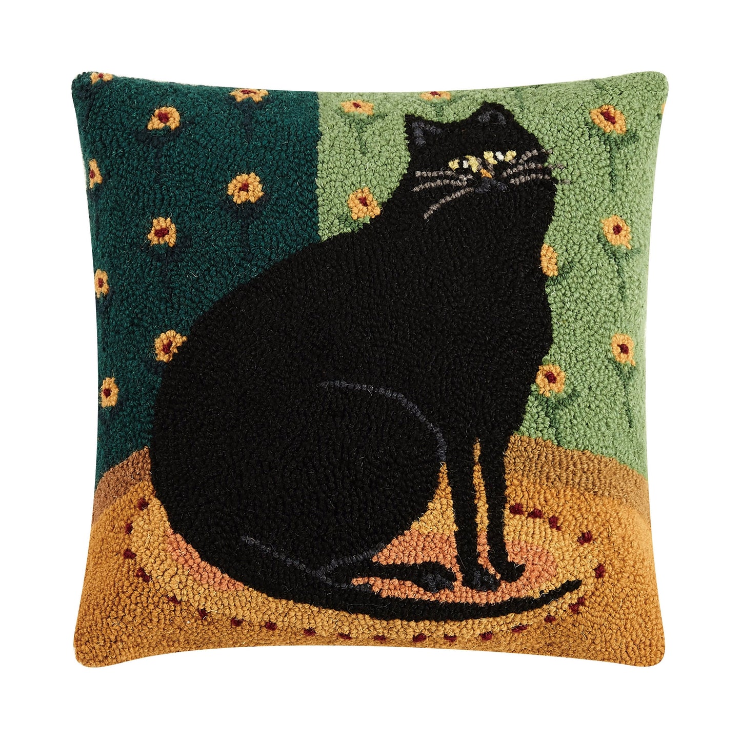 Black Cat in a Corner by Warren Kimble 16" Square Hooked Wool Throw Pillow with Polyfill Insert
