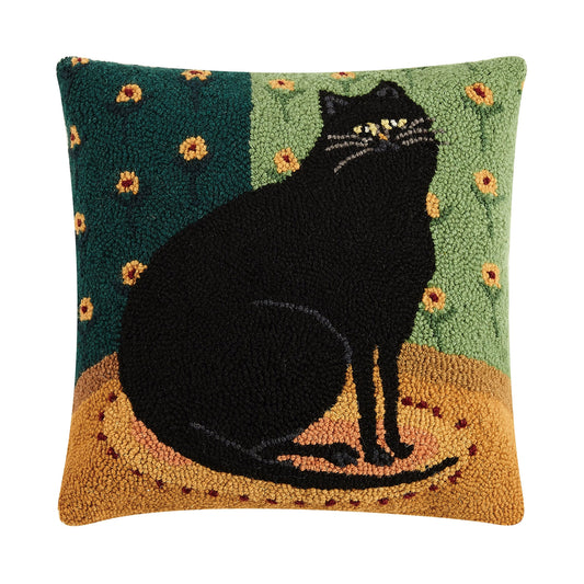 Black Cat in a Corner by Warren Kimble 16" Square Hooked Wool Throw Pillow with Polyfill Insert