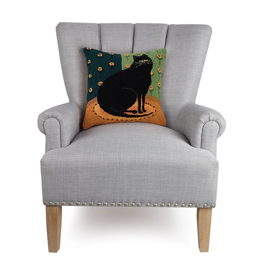 Black Cat in a Corner by Warren Kimble 16" Square Hooked Wool Throw Pillow with Polyfill Insert