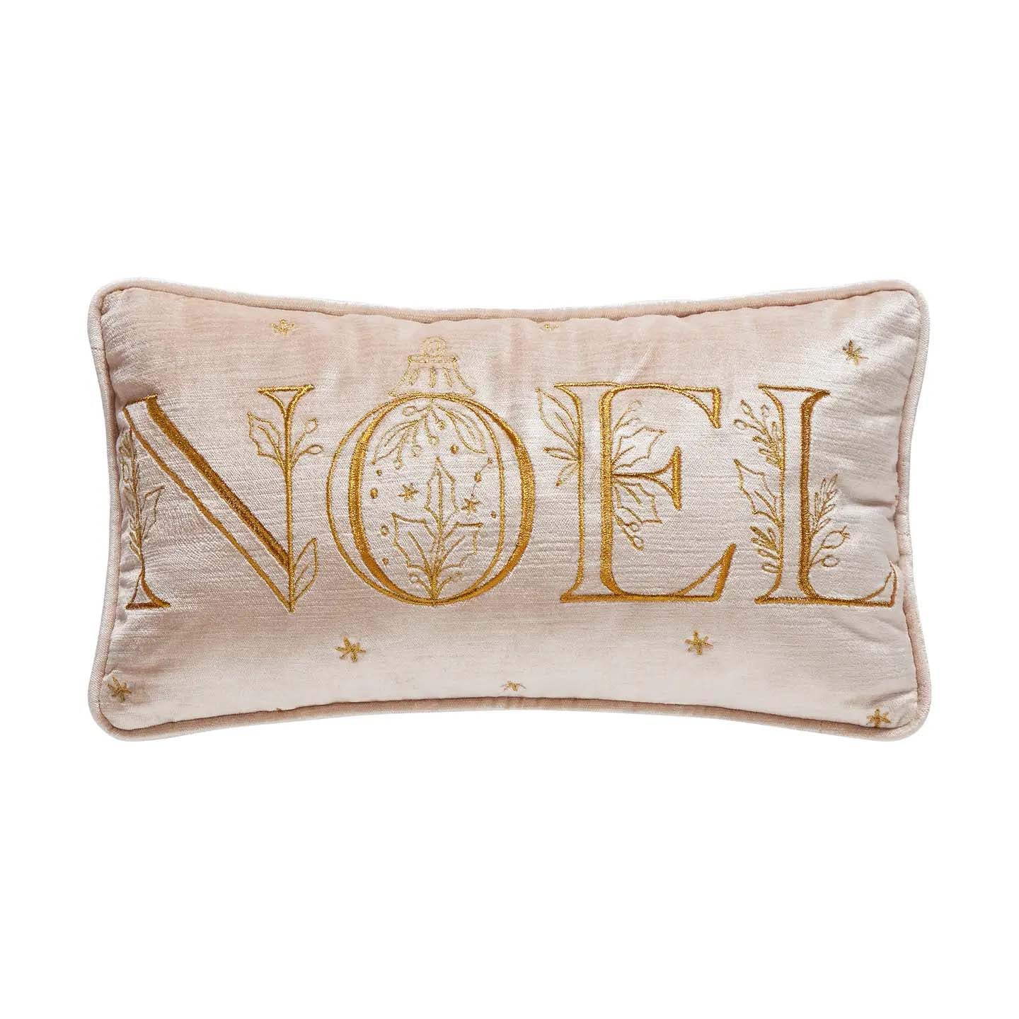 Noel Christmas Embroidered Champagne Velvet Throw Pillow