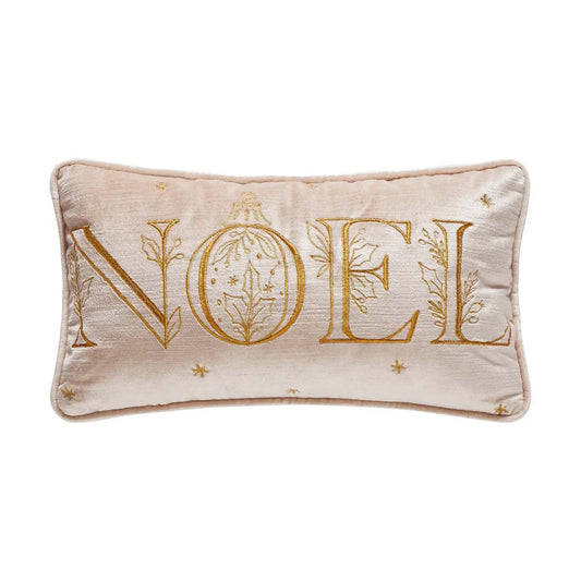 Noel Christmas Embroidered Champagne Velvet Throw Pillow