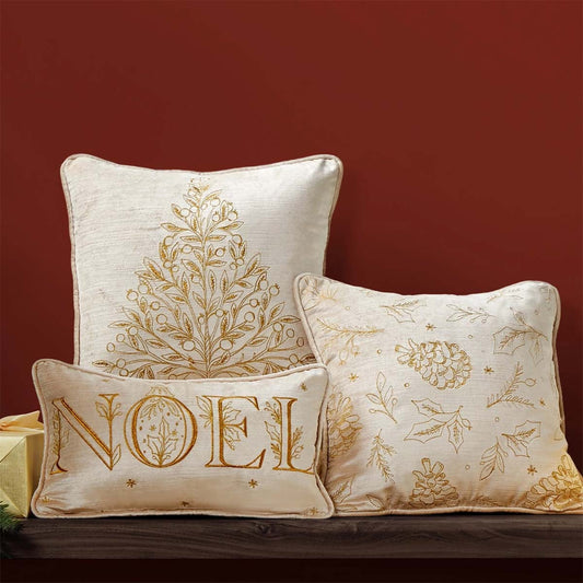 Noel Christmas Embroidered Champagne Velvet Throw Pillow