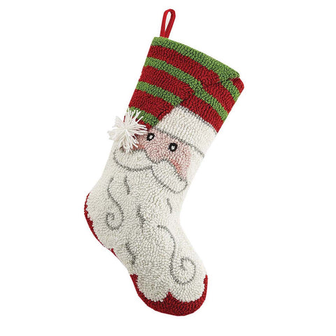 Santa with Striped Cap 20" Hooked Wool Christmas Stocking