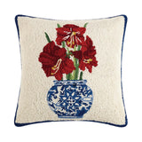 Red Amaryllis Holiday Chinoiserie 16" Square Hooked Wool Throw Pillow with Artwork by Sally Eckman Roberts