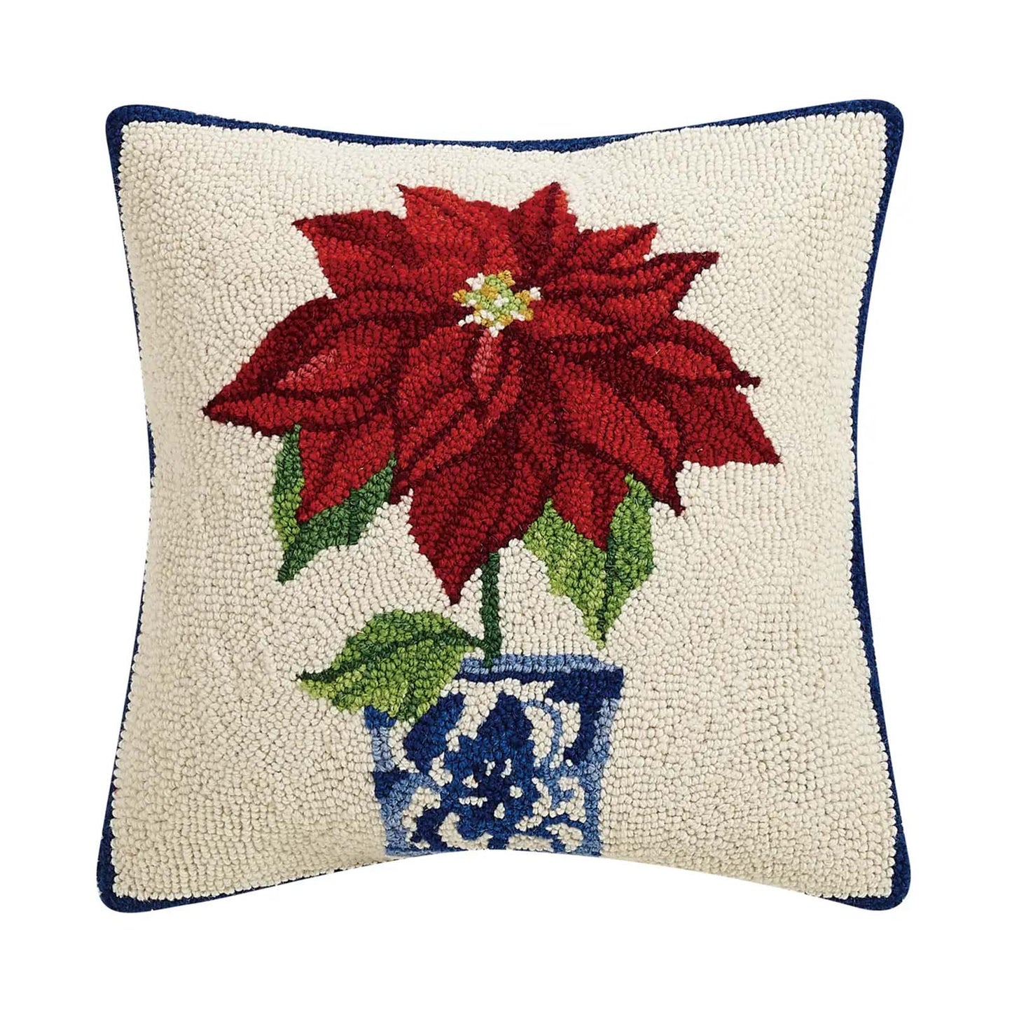 Poinsettia Holiday Chinoiserie 16" Square Hooked Wool Throw Pillow, Artwork by Sally Eckman Roberts