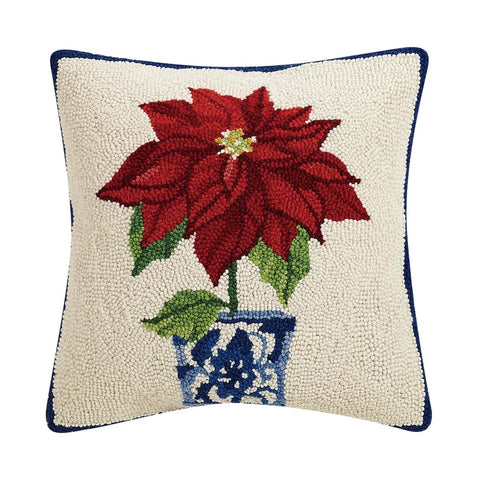 Poinsettia Holiday Chinoiserie 16" Square Hooked Wool Throw Pillow, Artwork by Sally Eckman Roberts