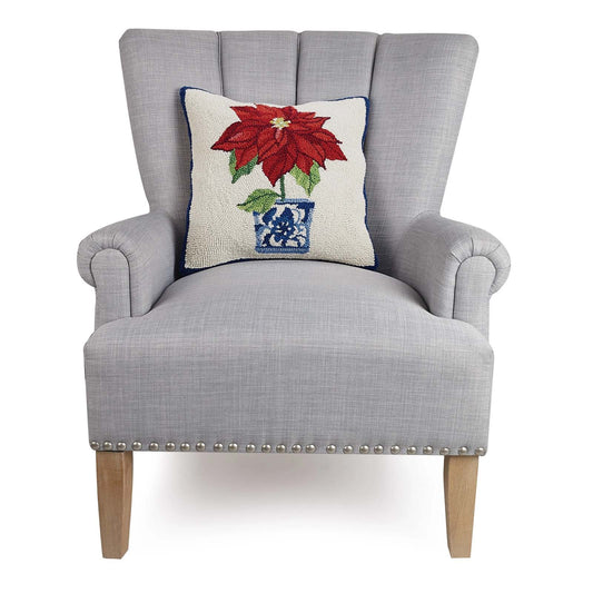 Poinsettia Holiday Chinoiserie 16" Square Hooked Wool Throw Pillow, Artwork by Sally Eckman Roberts