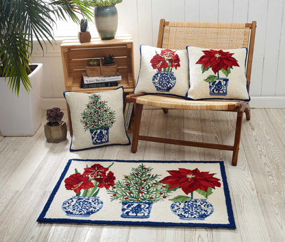 Red Amaryllis Holiday Chinoiserie 16" Square Hooked Wool Throw Pillow with Artwork by Sally Eckman Roberts
