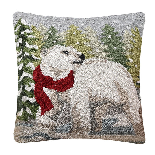 Polar Bear 18" Square Hooked Wool Throw Pillow