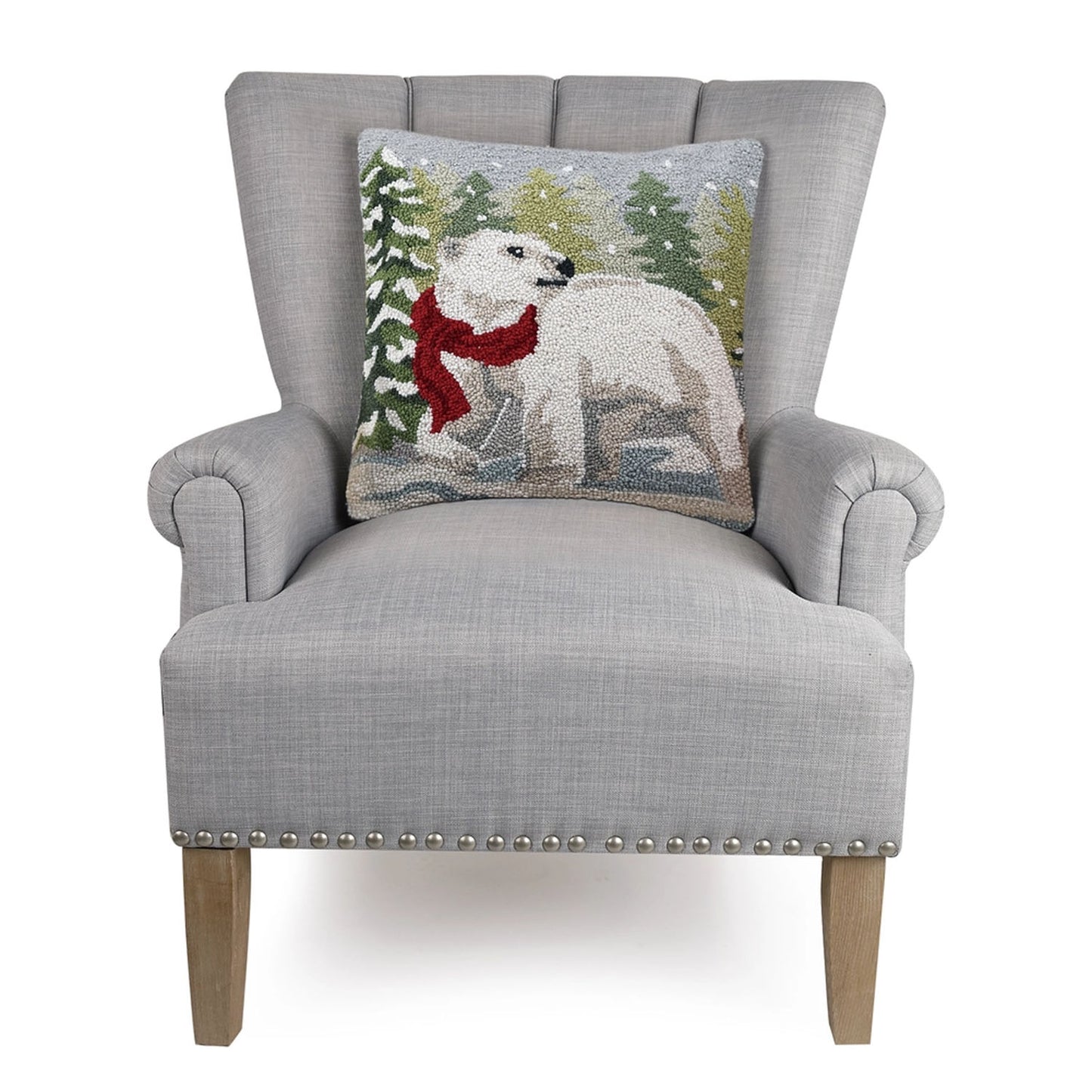 Polar Bear 18" Square Hooked Wool Throw Pillow
