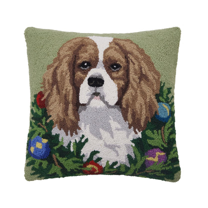 Holiday Cavalier King Charles Spaniel 18" Square Hooked Wool Throw Pillow