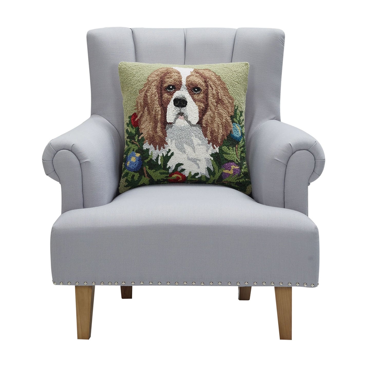 Holiday Cavalier King Charles Spaniel 18" Square Hooked Wool Throw Pillow