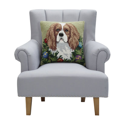Holiday Cavalier King Charles Spaniel 18" Square Hooked Wool Throw Pillow