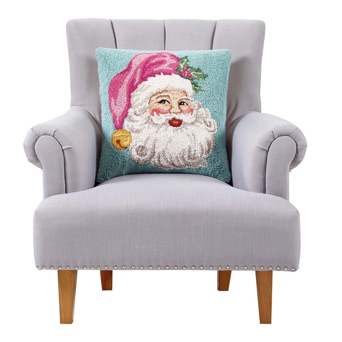 Retro Pink Santa 18" Square Hooked Wool Throw Pillow
