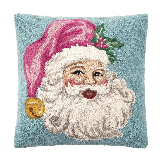 Retro Pink Santa 18" Square Hooked Wool Throw Pillow