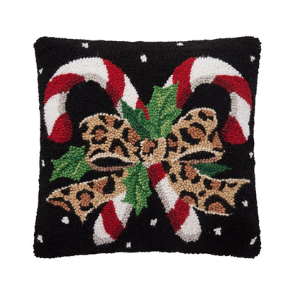 Leopard Candy Cane 16" Square Hooked Wool Throw Pillow with Polyfill Insert