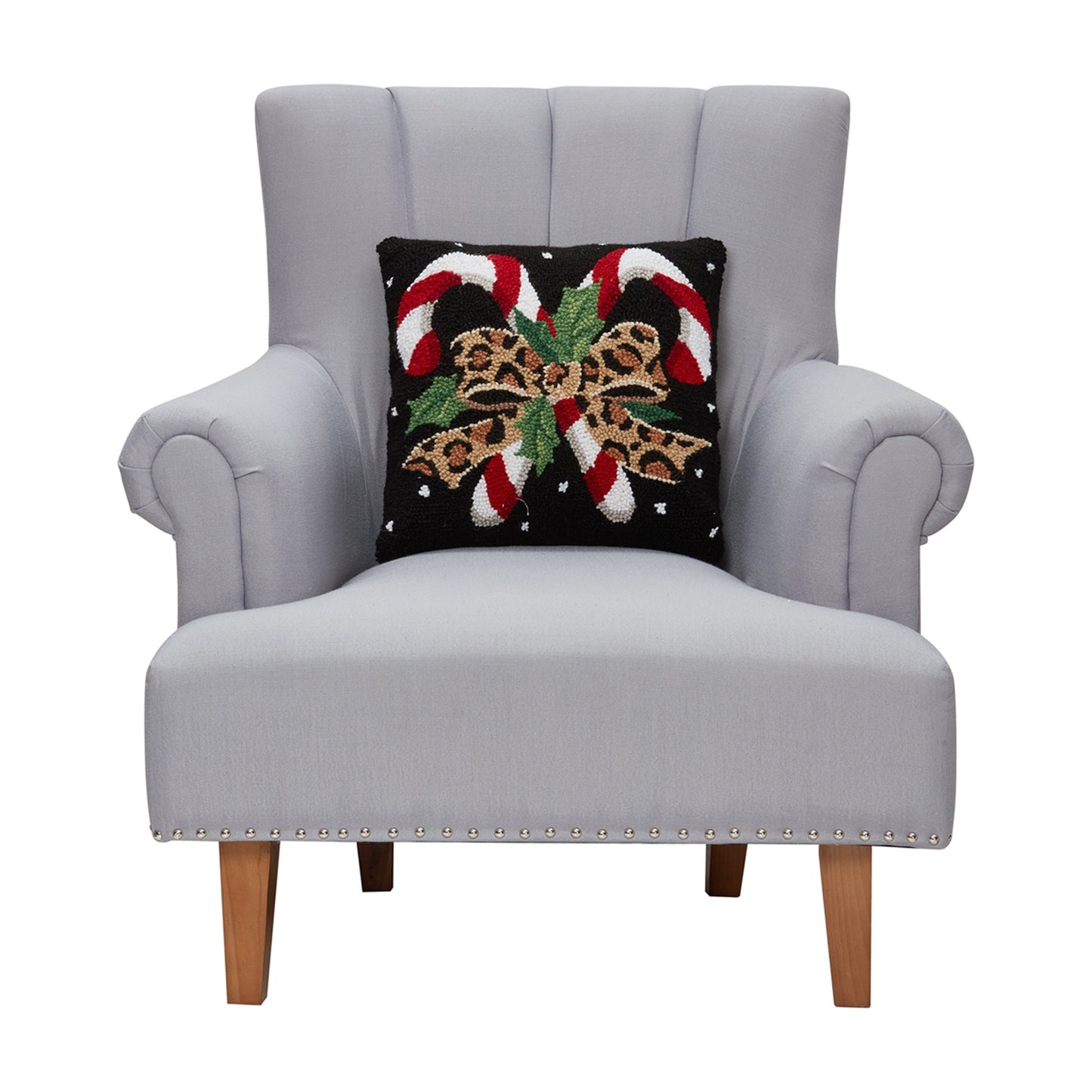 Leopard Candy Cane 16" Square Hooked Wool Throw Pillow with Polyfill Insert