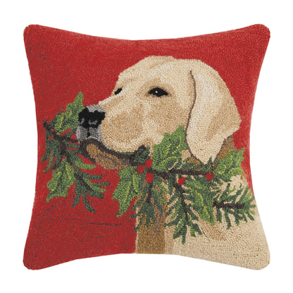 Golden Lab Dog with Holly Branch 18" Square Hooked Wool Throw Pillow, Red