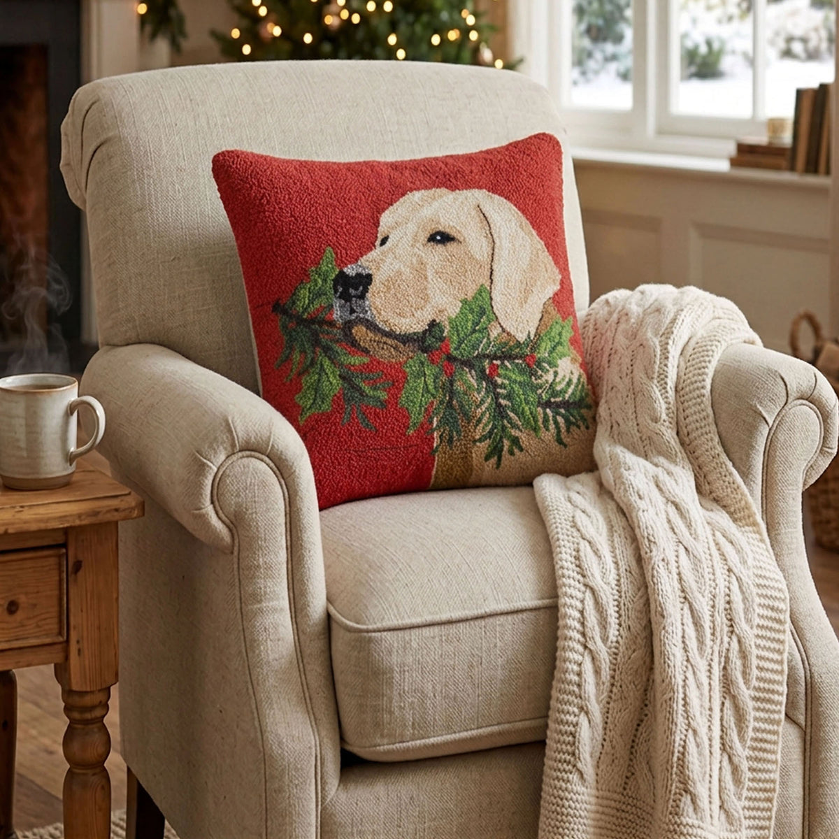 Golden Lab Dog with Holly Branch 18" Square Hooked Wool Throw Pillow, Red