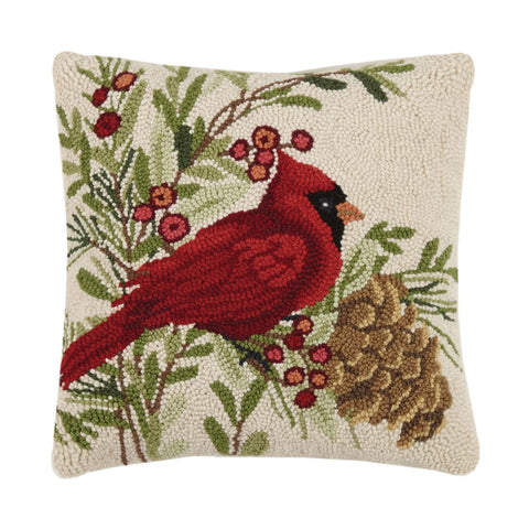 Winter Cardinal 16" Square Hooked Wool Throw Pillow, Artwork by Susan Winget