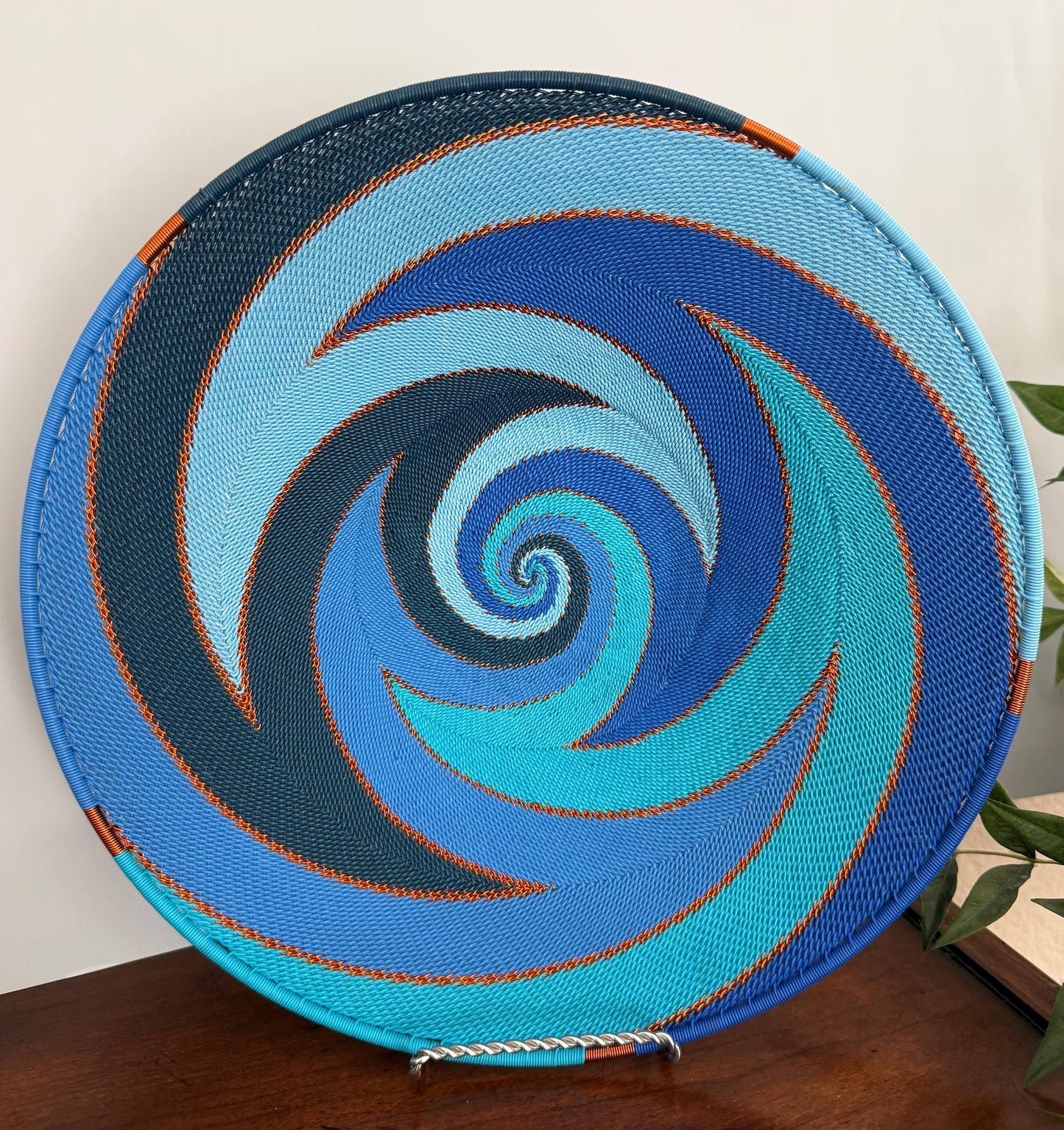 Fair Trade Zulu Telephone Wire 12" Shallow Platter Basket, Sapphire
