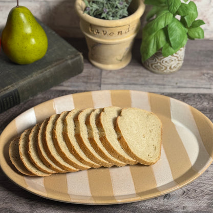 Wax Relief Striped 14" x 9.5" Oval Stoneware Platter, Light Brown and White