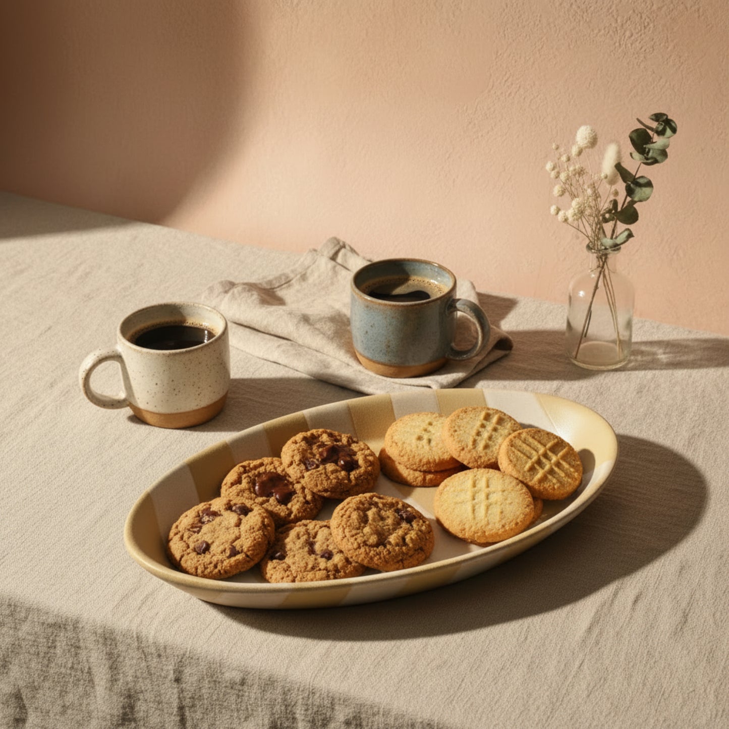 Wax Relief Striped 14" x 9.5" Oval Stoneware Platter, Light Brown and White