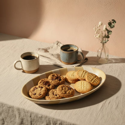 Wax Relief Striped 14" x 9.5" Oval Stoneware Platter, Light Brown and White