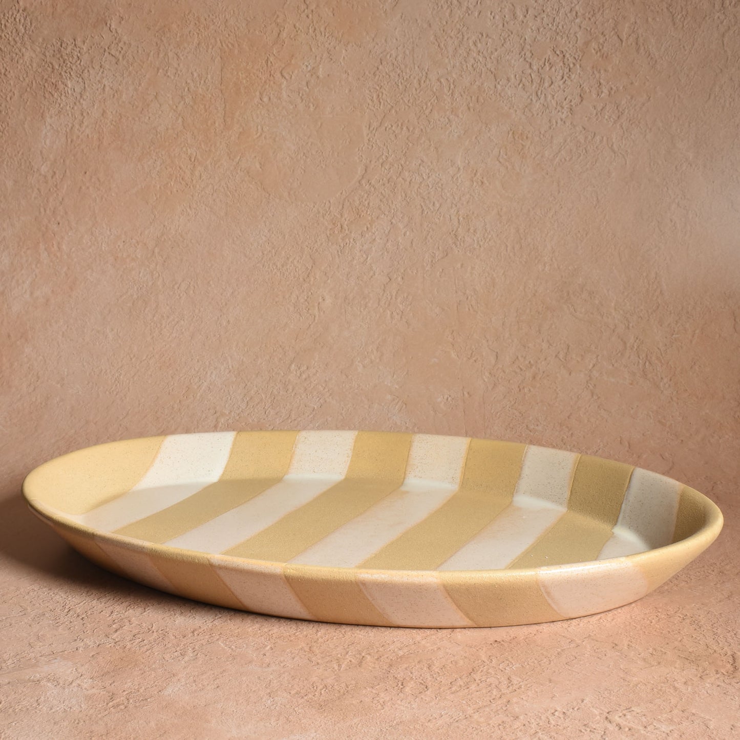 Wax Relief Striped 14" x 9.5" Oval Stoneware Platter, Light Brown and White
