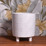 Modern Footed Ceramic Pot with Etched Pattern, White, 6-3/4" x 7-3/4" (DxH)