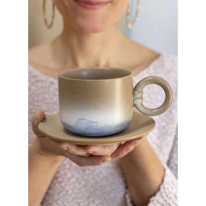 Accent Decor Smooth Mug and Saucer Set with Hand-Painted Ombre Design and Round Handle, Tan/Multi