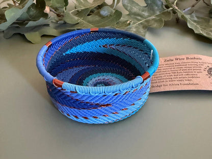 Fair Trade Zulu Telephone Wire 3.5" Bottle Coaster Caddy Basket, Sapphire