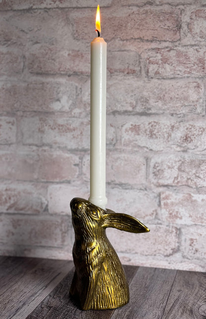 Bunny Rabbit Facing Upward Cast Aluminum Candle Holder with Antique Gold Finish