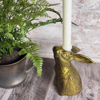 Bunny Rabbit Facing Upward Cast Aluminum Candle Holder with Antique Gold Finish