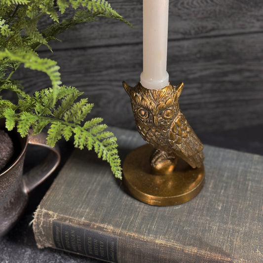 Owl 5" Cast Aluminum Taper Candle Holder with Gold Finish