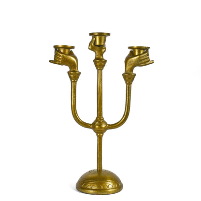 Victorian Hands Cast Metal 3-Candle Candelabra, Antique Gold Finish