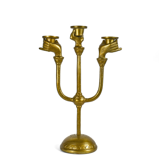 Victorian Hands Cast Metal 3-Candle Candelabra, Antique Gold Finish