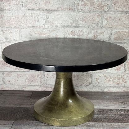 Black Marble Cake Stand with Antique Gold Metal Pedestal Base, 15.5" x 8.5"