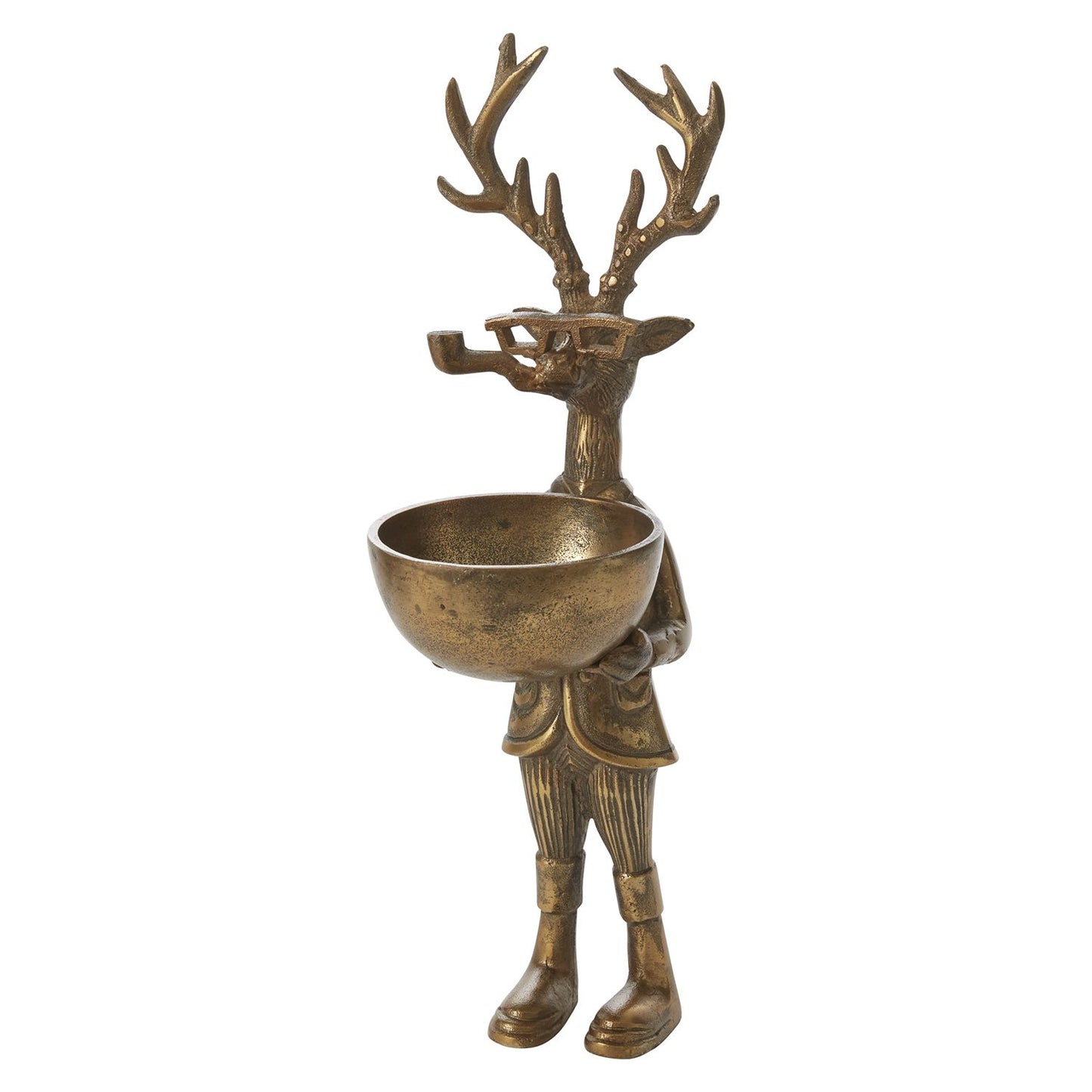 Frankie 16" Standing Deer Figurine with Bowl, Antique Gold Finish