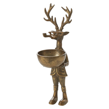 Frankie 16" Standing Deer Figurine with Bowl, Antique Gold Finish