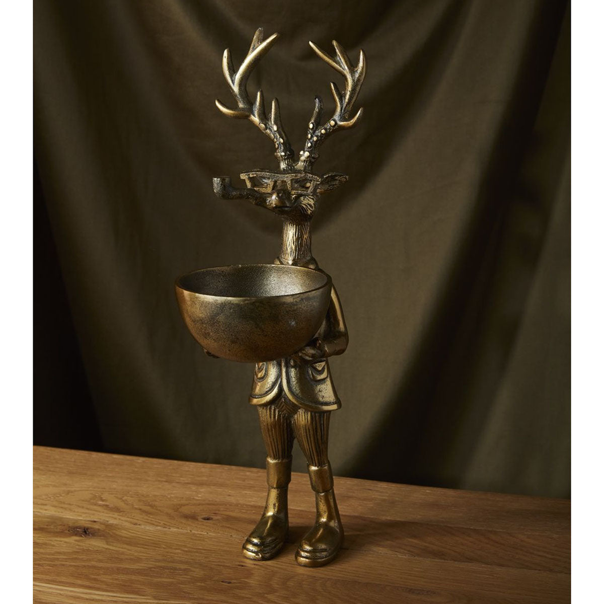 Frankie 16" Standing Deer Figurine with Bowl, Antique Gold Finish