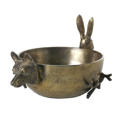 Rabbit and Fox with Branch Cast Metal Decorative Bowl, Matte Antique Brass