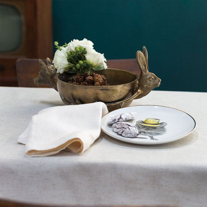 Rabbit and Fox with Branch Cast Metal Decorative Bowl, Matte Antique Brass