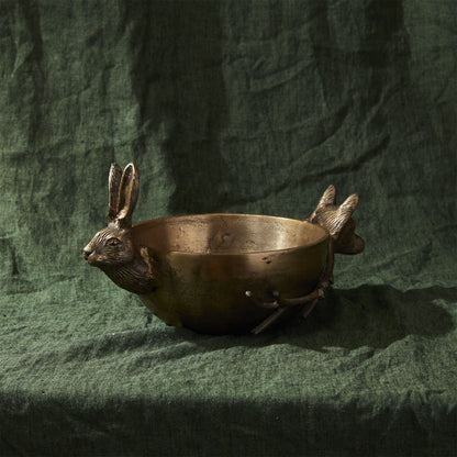 Rabbit and Fox with Branch Cast Metal Decorative Bowl, Matte Antique Brass