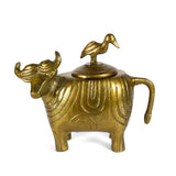 Water Buffalo Recycled Cast Aluminum Decorative Jar with Egret Lid, Antique Gold