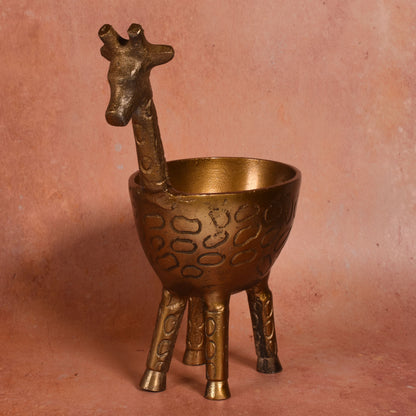 Giraffe 10.25" Cast Metal Planter Bowl Figurine, Antique Gold